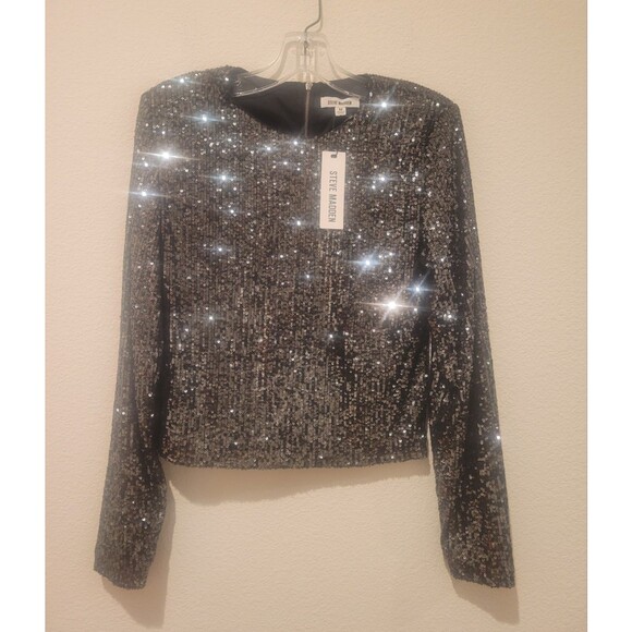 NWT Steve Madden Demi Sequin Long Sleeved Blouse Top Women's Medium In Gunmetal - Picture 3 of 9